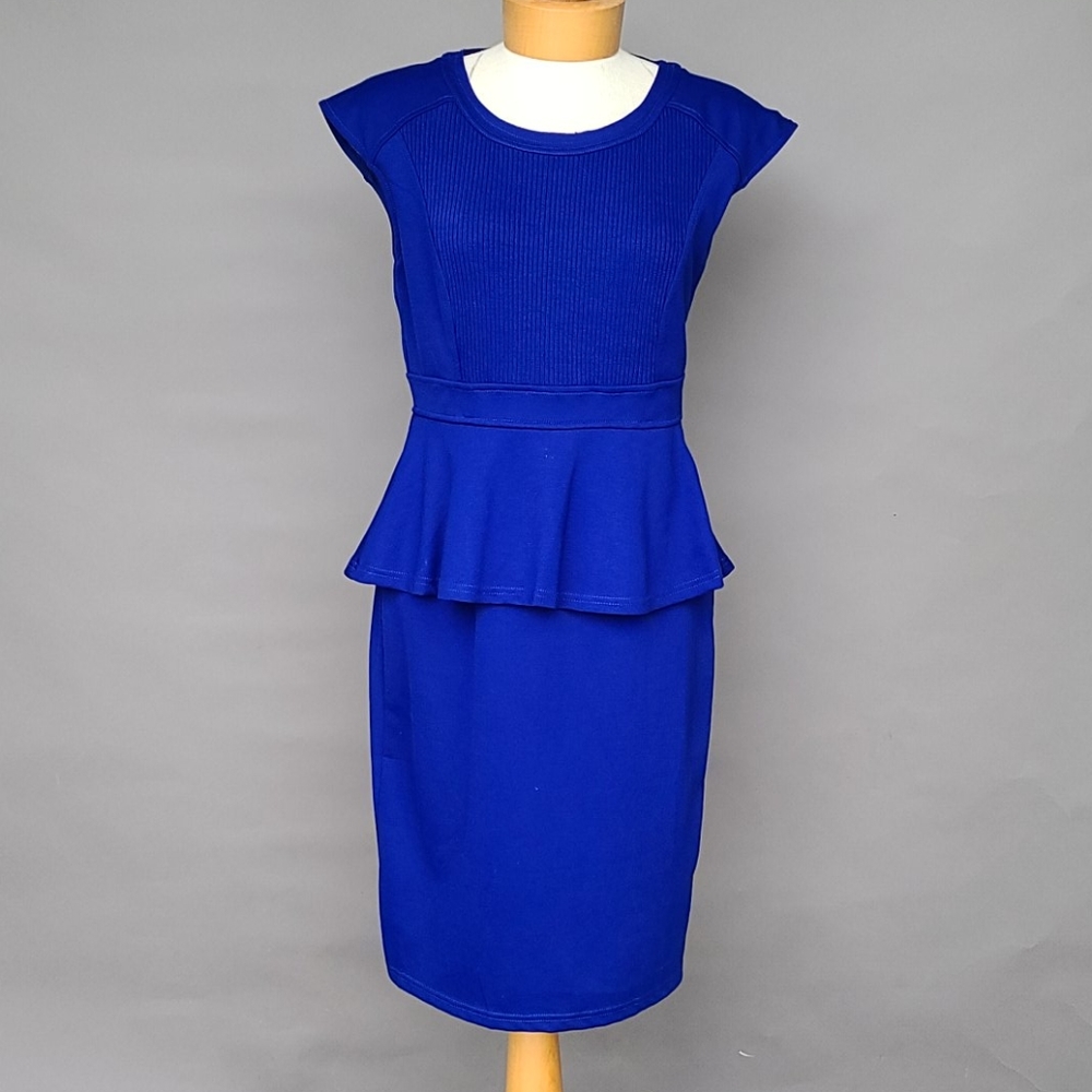 Cobalt blue pencil style dress with peplum detail